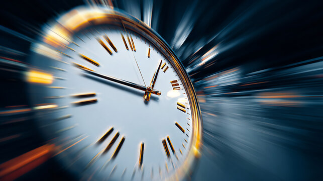 Golden clock face spinning rapidly with dynamic speed motion blur