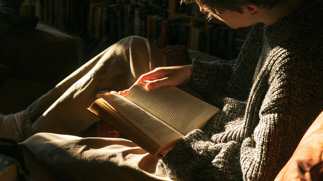 A person immersed in reading a book indoors, illuminated by warm sunlight, promoting a sense of calm and relaxation that comes from enjoying literature during quiet moments.
