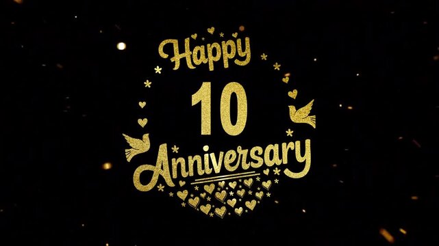 happy ten year anniversary gold text with particle gold, heart, bird in black background. 10th year anniversary celebration