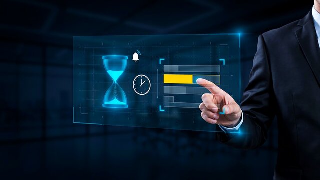 Business professional pointing at a digital time management dashboard with hourglass and clock icons