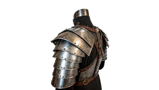 An ancient medieval iron knight shoulder guard pauldrons armor isolated on transparent background