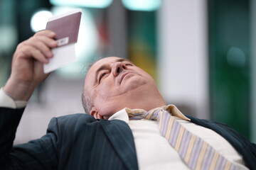 A tired male passenger nods off in the departure lounge in an airport departure lounge, good for delay and disruption themes, after hours of waiting for a delayed flight © ultramansk