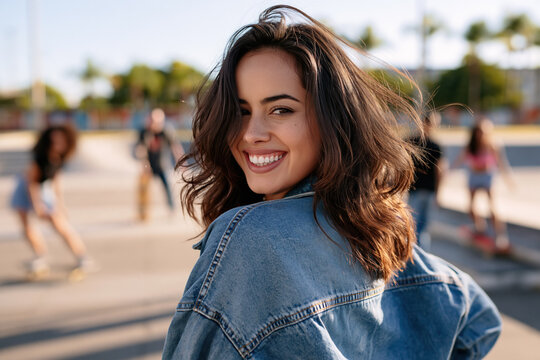 Latina hispanic girl wearing washed denim jacket, smiling with 90s grunge style fashion