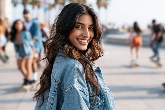 Indian girl wearing washed denim jacket, smiling with 90s grunge style fashion