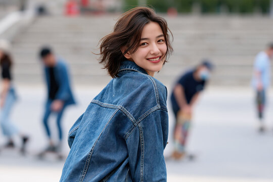Asian girl wearing washed denim jacket, smiling with 90s grunge style fashion