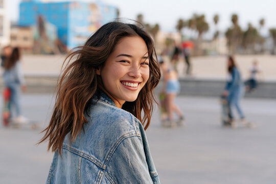 Asian girl wearing washed denim jacket, smiling with 90s grunge style fashion