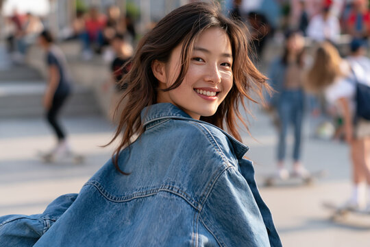 Asian girl wearing washed denim jacket, smiling with 90s grunge style fashion