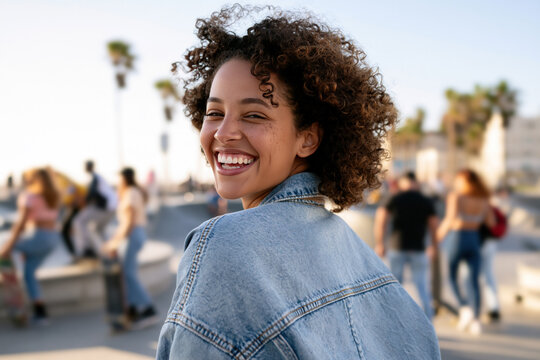 Afro girl wearing washed denim jacket, smiling with 90s grunge style fashion