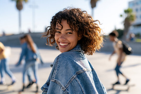 Afro girl wearing washed denim jacket, smiling with 90s grunge style fashion