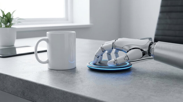 Robotic hand rests on wireless charger next to white mug on wooden desk symbolizing workforce automation in modern office setting