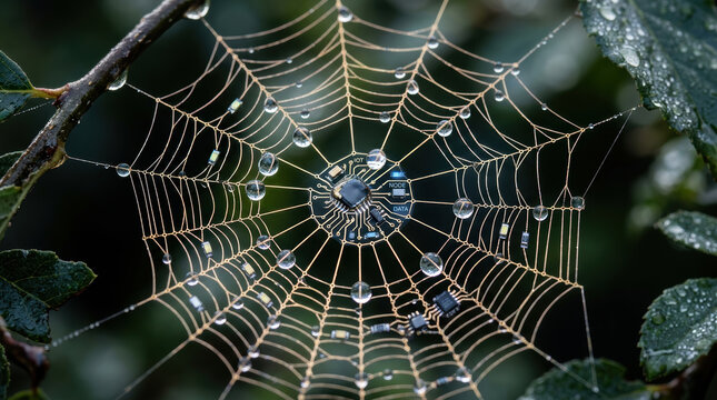 Spider web with water droplets and electronic circuit chip in nature symbolizing workforce and automation connection
