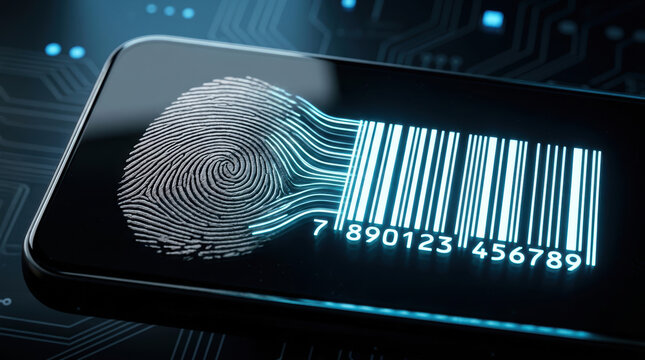 Fingerprint barcode digital security concept showing workforce automation in technology and identification system