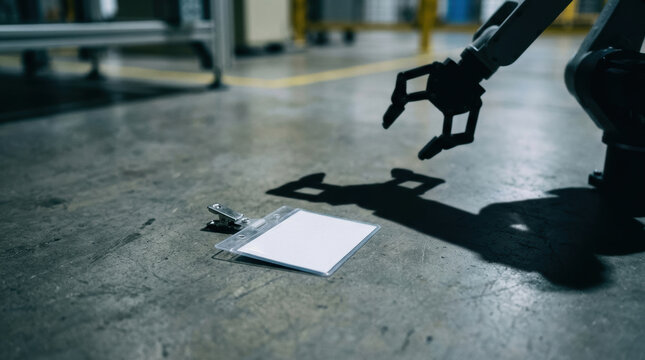 Robotic arm shadow reaches for blank badge on concrete floor showing workforce automation in industrial environment