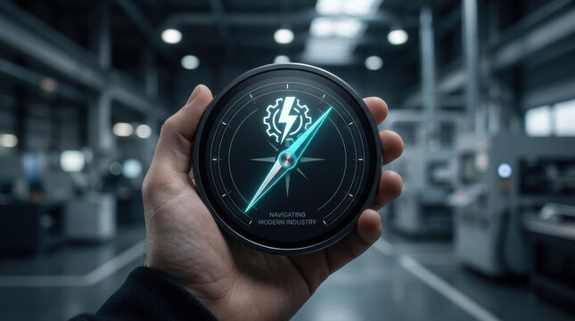 Hand holding futuristic compass with automation and workforce concept in industrial factory background