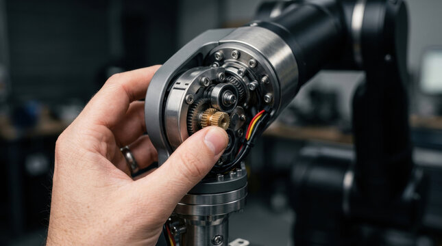 Human hand adjusting mechanical gear on robotic arm showing workforce and automation technology in industrial setting