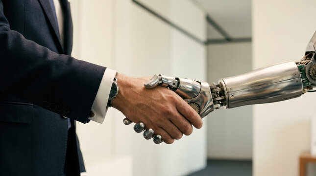 Human workforce and automation collaboration is shown by handshake between business person and robot arm in modern office setting