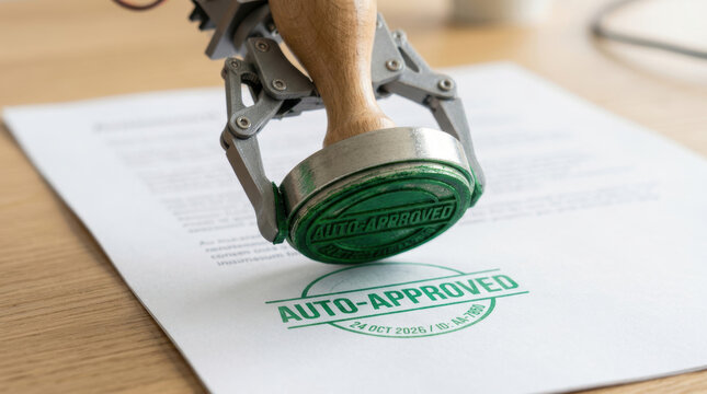 Robot hand holding stamp on paper showing workforce automation concept for business approval