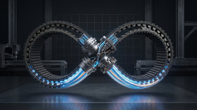 Futuristic mechanical device with glowing blue cables shaped like infinity symbol representing workforce automation advanced technology environment
