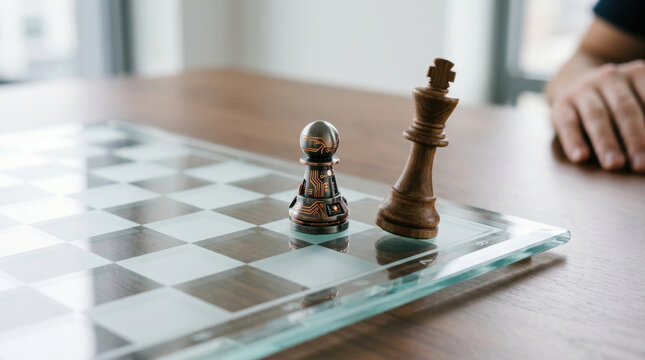 Chess piece with circuit design and wooden king on glass chessboard symbolizing workforce and automation in strategy and decision making