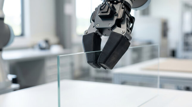 Robotic gripper holding glass panel in modern factory showing workforce and automation improving precision and efficiency in industrial production
