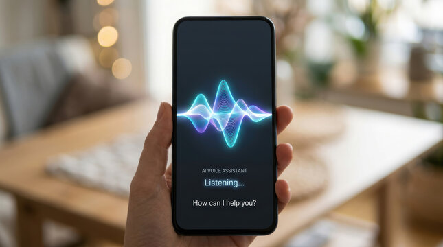 AI voice assistant listening on smartphone screen held by hand showing waveform in blurred home office background workforce automation