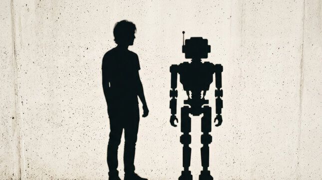 Human silhouette robot silhouette workforce automation concept with shadow on wall