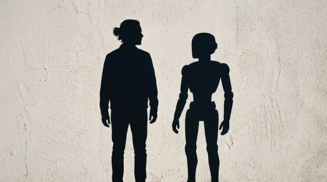 Human Robot Shadow Silhouette Wall Technology Workforce Automation Future Artificial intelligence Man Standing Contrast Interaction Communication