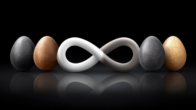 Four speckled eggs flank a white infinity symbol on a reflective black surface