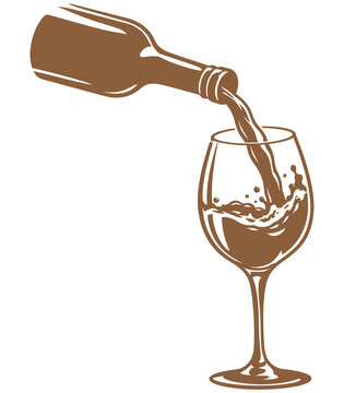 Brown Wine Bottle Pouring Red Wine into Glass Minimal Line Art Illustration.