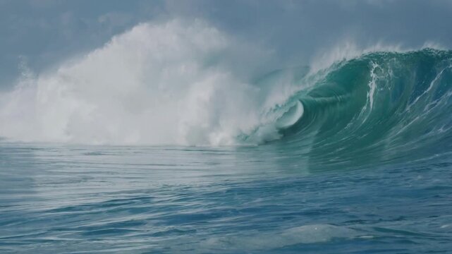 Stunning Massive Ocean Wave Crashing and Breaking with White Spray. raw power of nature, ocean swell movement, stormy sea dynamics, surfing environment, and marine water hydrodynamics.