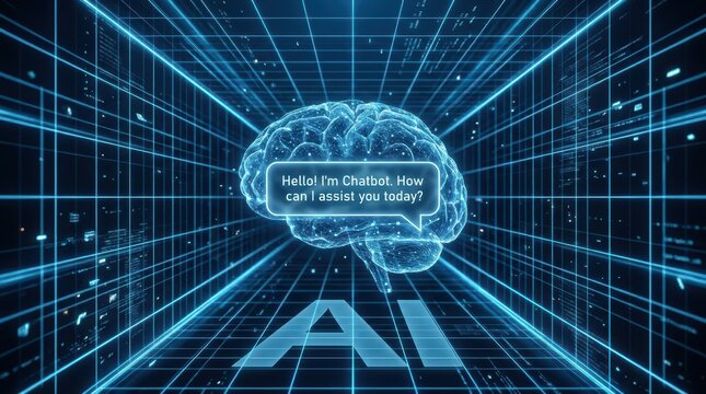 Transparent artificial intelligence holographic brain displaying chatbot greeting inside digital grid