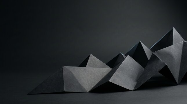 A series of sharp, angular, folded paper structures creating a mountain-like range, set against a dark, minimalist background, with dramatic shadows
