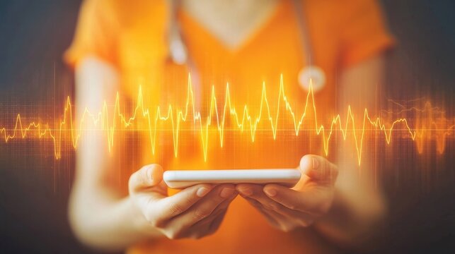 Medical professional examining heartbeat ekg pulse waveform data via digital mobile device interface application concept