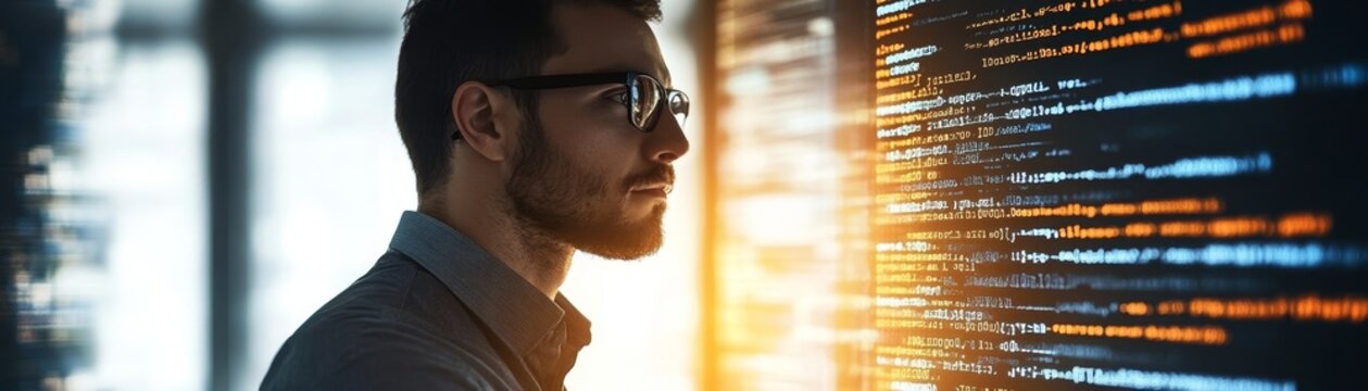 Focused software developer writing complex computer code on screen in dark office environment professional programming