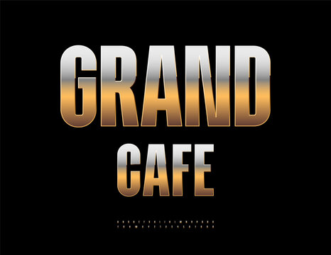 Vector Luxury logo Grand Cafe. Stylish Gold Font. Trendy set of Upscale Alphabet Letters and Numbers.