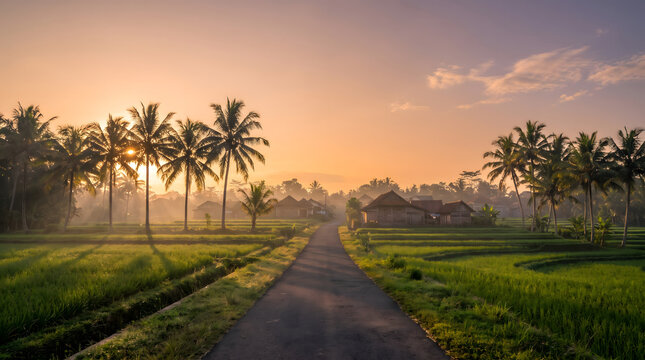 Sunrise over a quiet village road with rice fields and coconut palm trees in rural Indonesia