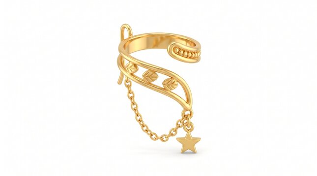 Gold ear cuff with hanging star pendant, elegant metallic jewelry accessory, stylish non-pierced golden cuff earring with delicate chain detail isolated PNG with Transparent Background