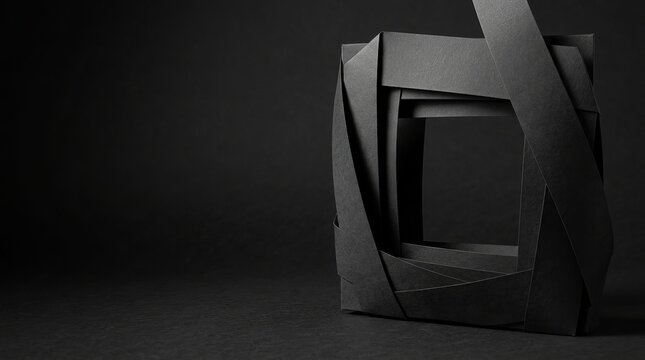 An abstract square frame constructed from overlapping black paper strips creating a layered geometric structure on a dark, textured background surface