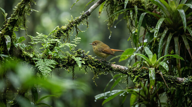 Small Brown Wild Songbird Perched on Moss Covered Branch Surrounded by Lush Ferns and Tropical Rainforest Vegetation