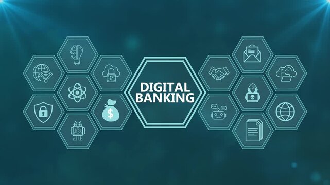 Digital banking concept displayed with glowing futuristic network interface icons and finance symbols on screen
