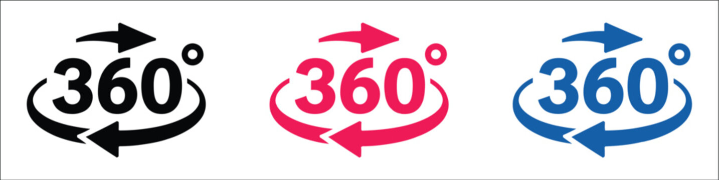 360 Degree Rotation Icon Set, Circular Arrow Symbol, Full Circle View, Complete Rotation, Panoramic Vision, Angular Movement, Vector Illustration