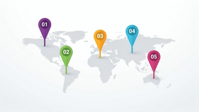 Colorful numbered map pointers marking five distinct strategic locations across global continents for business presentation