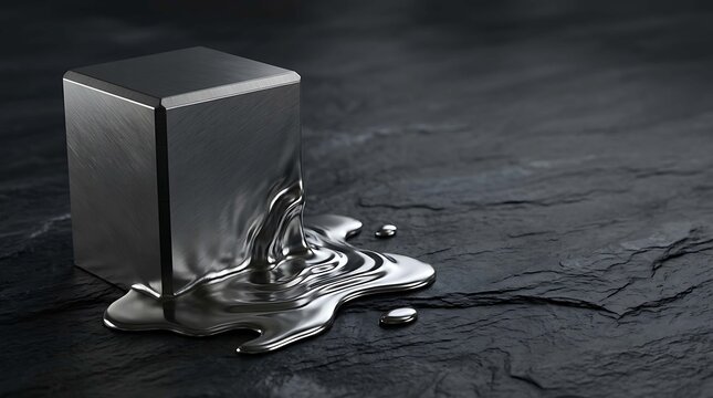 A metallic cube melting into a liquid puddle on a dark textured stone surface, representing transformation, industrial processes, or abstract material science
