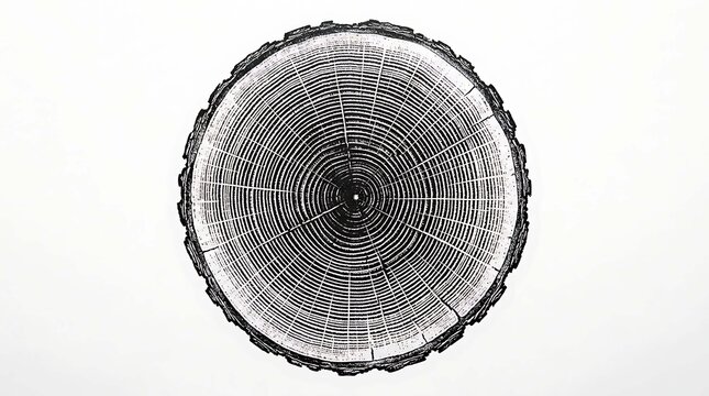 Cross section of a tree trunk showing growth rings isolated on white background