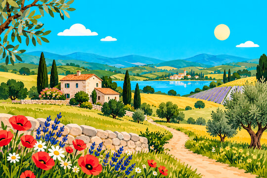 Paysage de campagne paisible avec chemin, maison et lac
