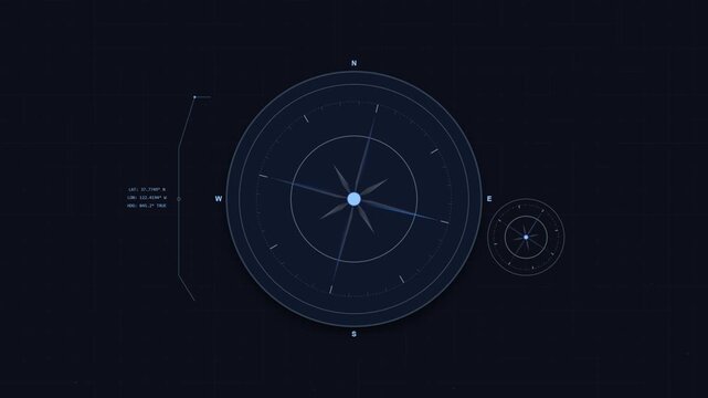 Digital compass interface rotating on dark blue background with technical data overlay graphics