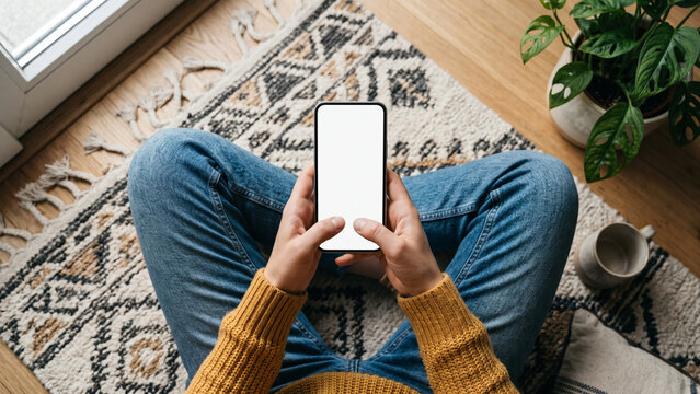 Mockup woman's hand holding using smart phone with white blank screen POV at coffee shop, mobile app design and advertising, online marketing