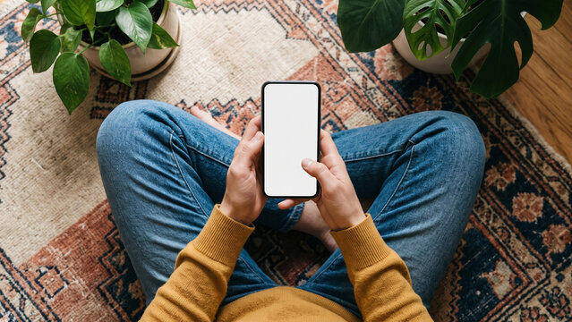 Mockup woman's hand holding using smart phone with white blank screen POV at coffee shop, mobile app design and advertising, online marketing