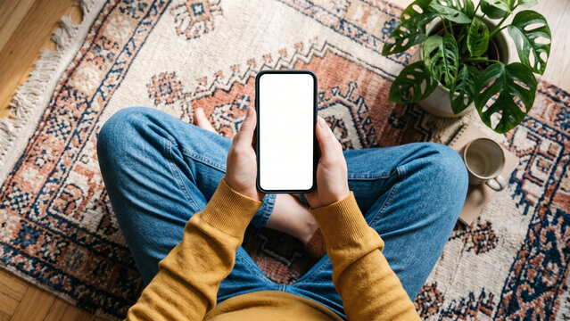 Mockup woman's hand holding using smart phone with white blank screen POV at coffee shop, mobile app design and advertising, online marketing