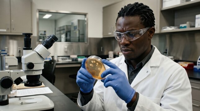Focused Black male laboratory scientist wearing protective glasses raises a golden agar culture plate to inspect microbial colonies beside a binocular microscope in a muted modern research room